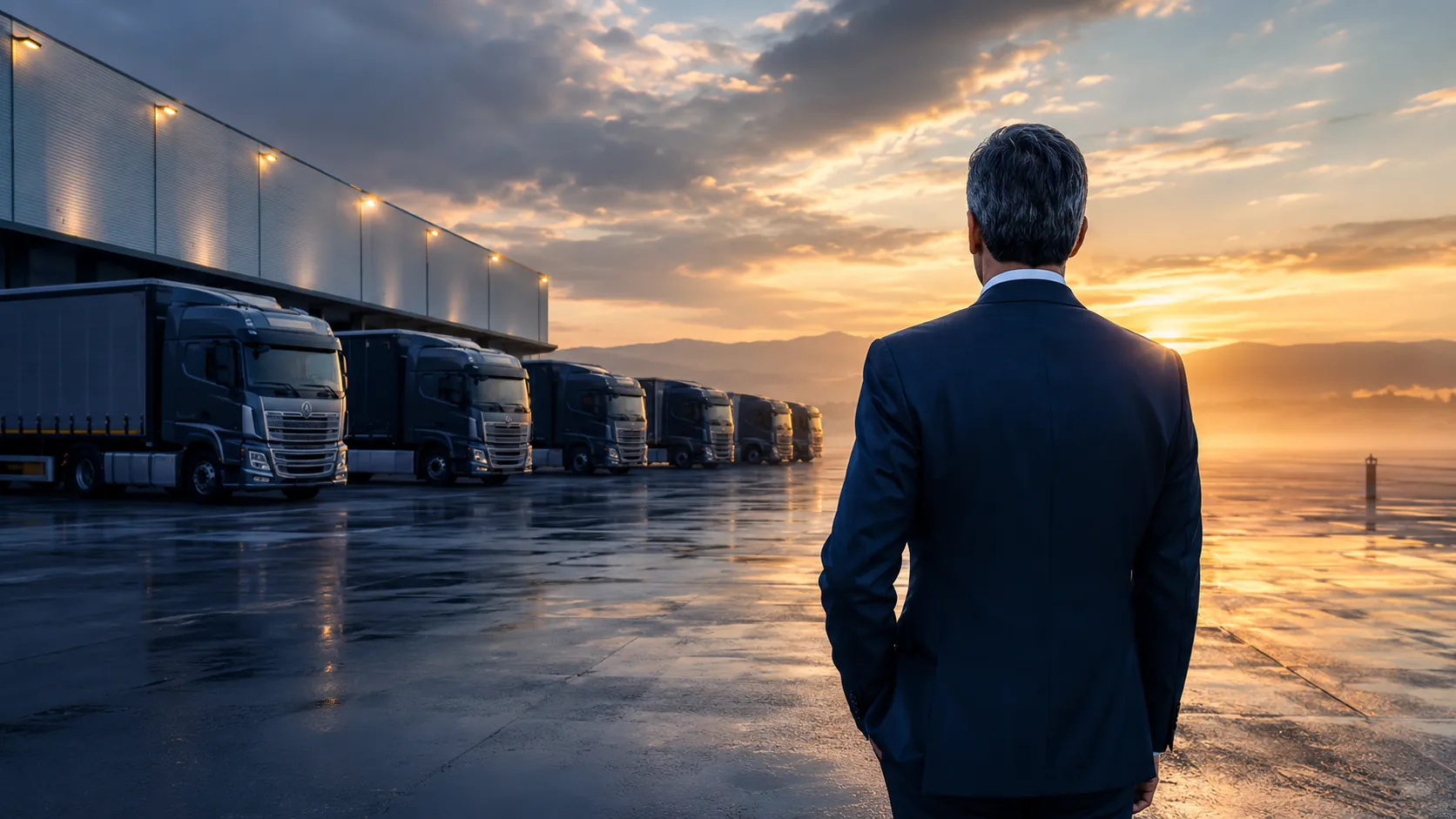 Empresario logístico observando su flota al amanecer